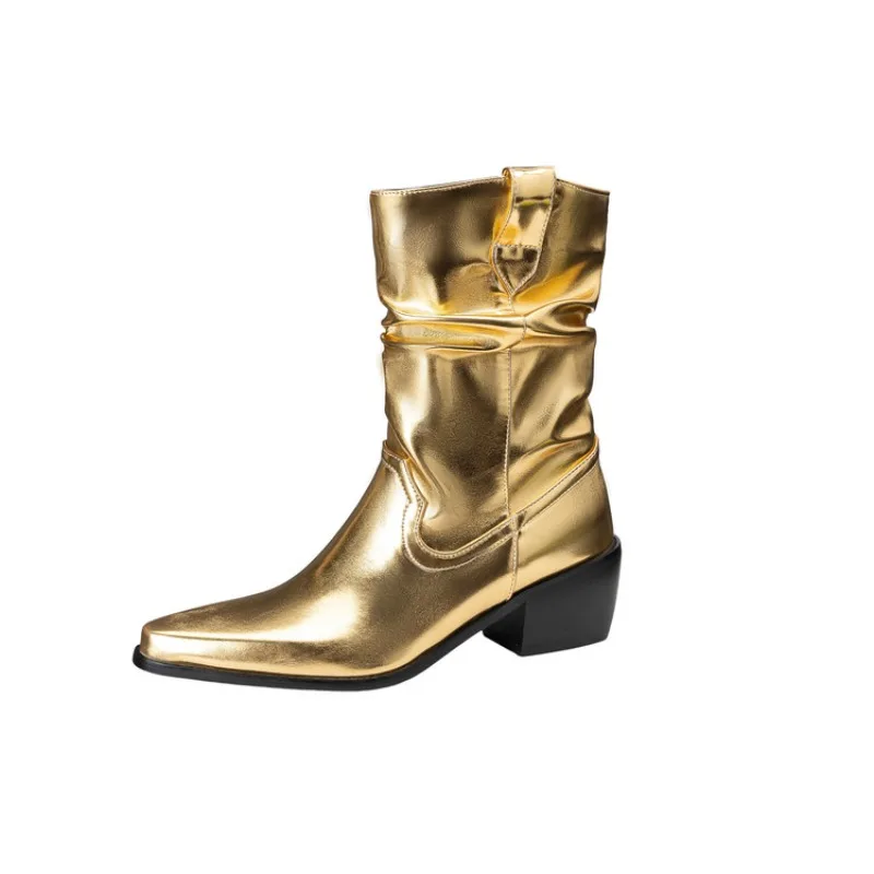 

Concise Gold Silver Pleated 5.5cm Thick Heel Short Boots Autumn Winter Short Plush Warm Commuting Women Ankle Boots Size 32-48