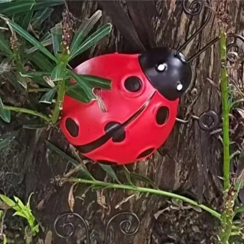 Metal Ladybug Wall Decor Set of 4 3D Iron Art-Hand Painted,outdoor Sculptures for Fence, Patio, Porch, Yard, Garden Decoration