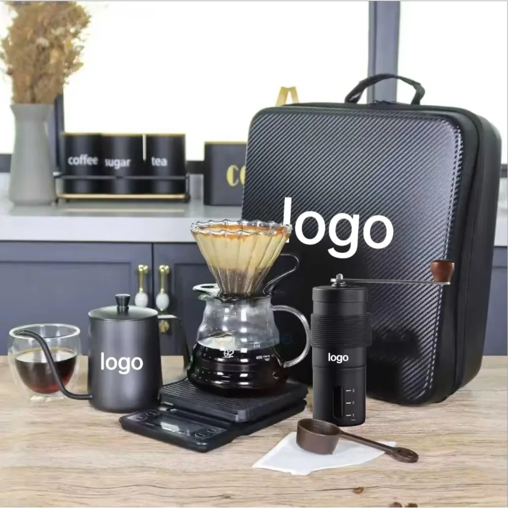 600Ml OEM 11-13 pieces coffee pour coffee set kettle digital scale glass server manual grinder travel coffee set gift