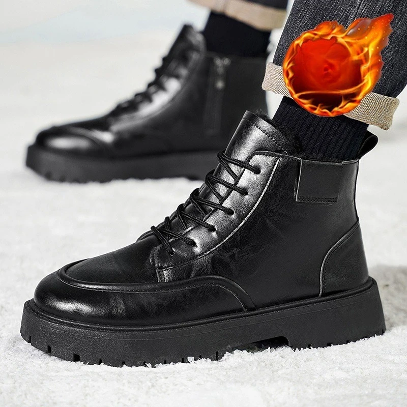 الشتاء المخملية الأسود عالية أعلى أحذية الرجال العصرية تنوعا سميكة سوليد ودافئة أحذية قصيرة عمال الأحذية، أحذية من الجلد الأسود #4