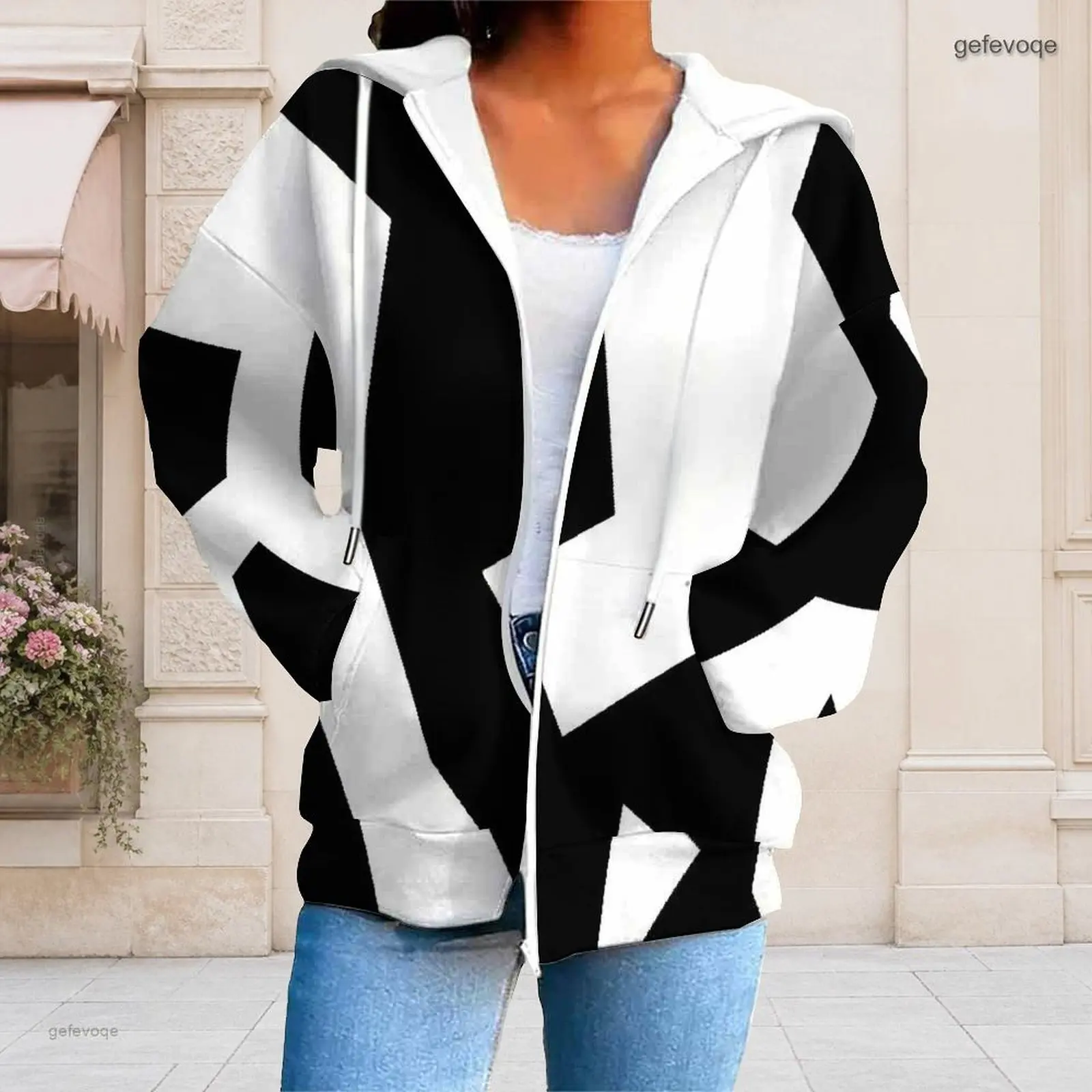 Women Black White Geometric Printed Zip Up Long Sleeve Hoodie with Pockets