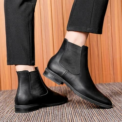 Men Chelsea Boots Genuine Leather High Top Ankle Shoes Pointed Toe Brand Retro Comfortable Big Size 47 48