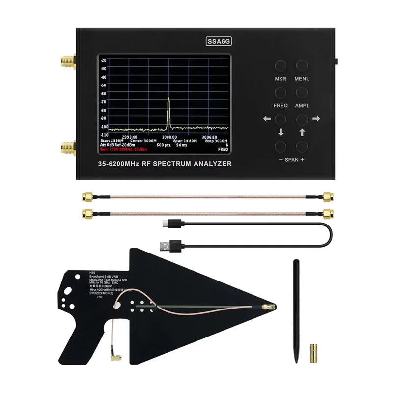 -AT52 HAMGEEK SSA6G 35Mhz-6200Mhz Analisador de espectro RF Multímetro RF Explorador de espectro com tela de toque Antena HT6