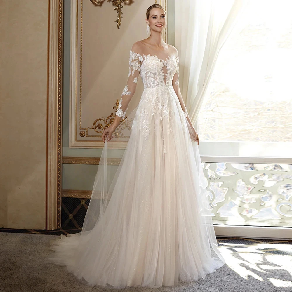 

A Line Wedding Dresses with Soft Tulle Summer Full Sleeve Modern Off Shoulder Bridal Gowns Exquisite Vestido De Novia New