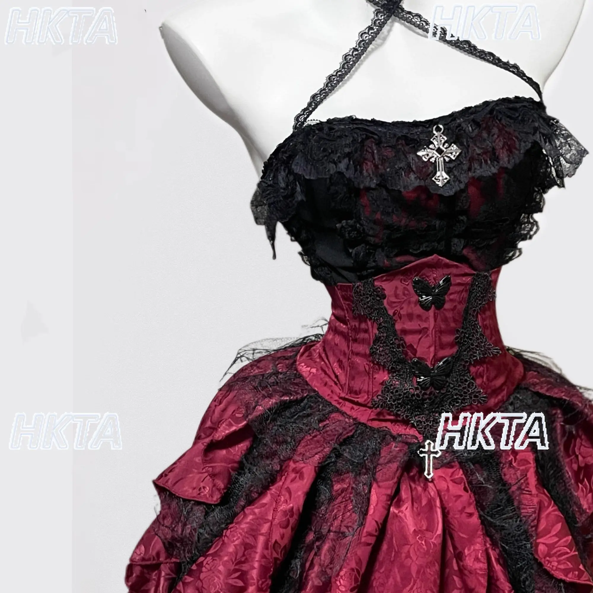 Dark Gothic Style Halter Long Skirt Women Girls Gothic Lolita Heavy Craft Ruffled Lace Skirt Elegant Sexy Sleeveless Vest Set view 2
