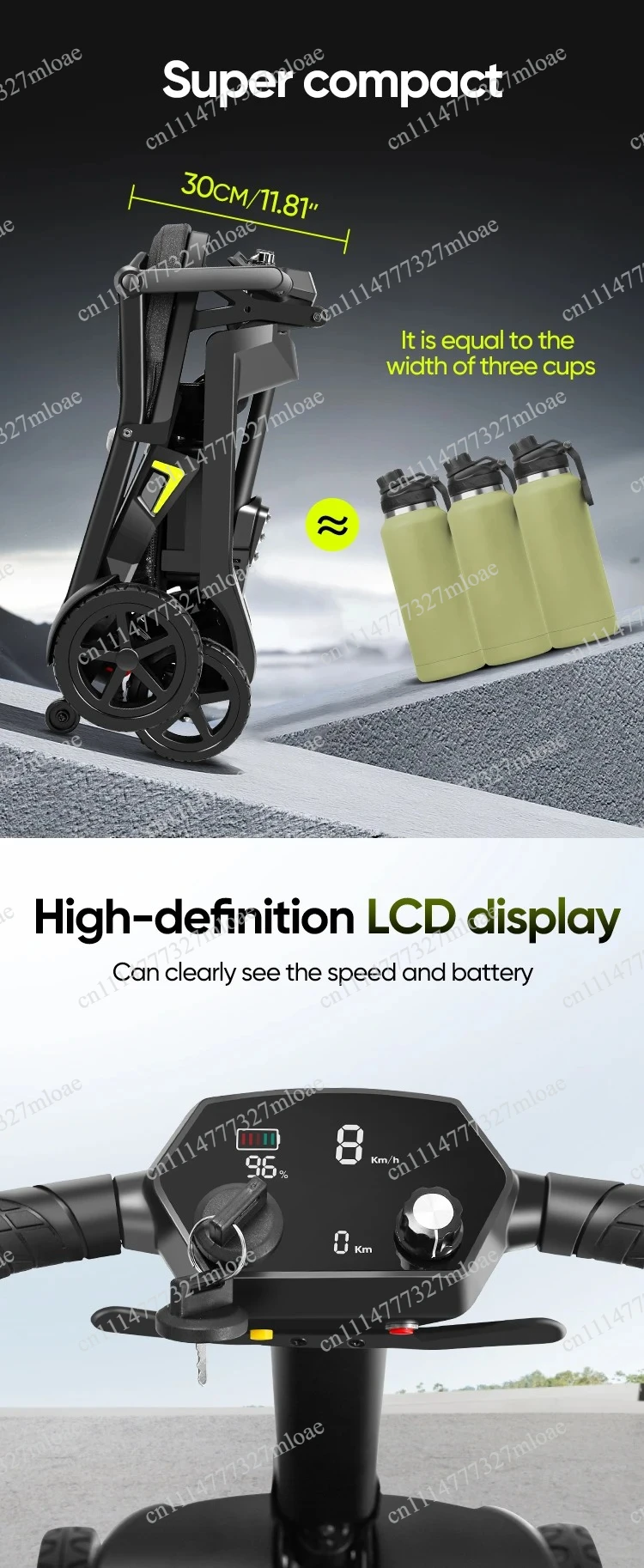 Foldable compact aluminum alloy car with 270W brushless motor, ultra-light 16Kg four-wheel electric vehicle