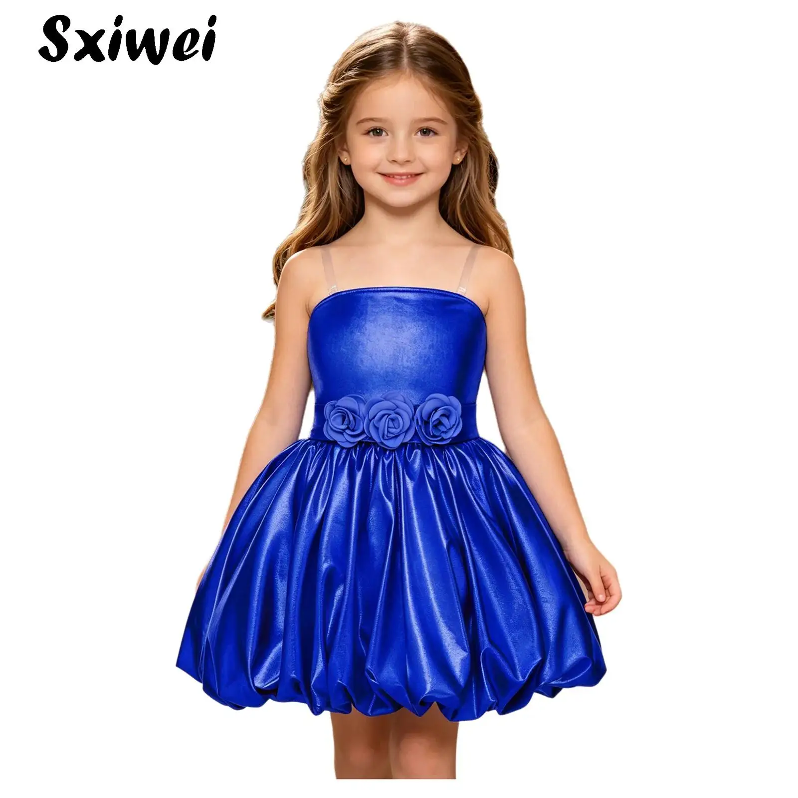 

Flower Girls Metallic Bubble Dress Child 3D Flower Applique Strapless Puff Dress Elegant Wedding Pageant Birthday Party Gowns