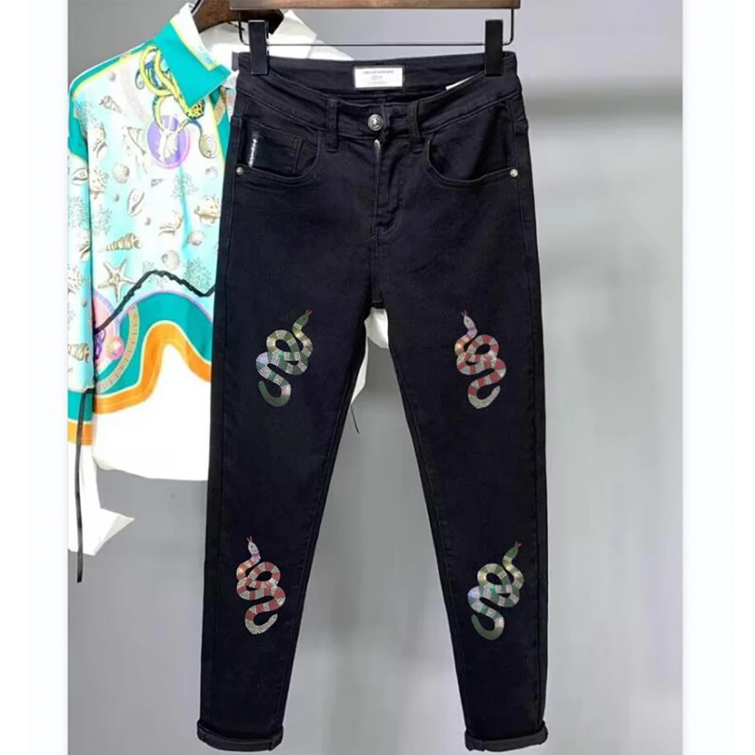 Men's Rhinestone Jeans Luxury Streewear Hip-hop Homme Denim Pants Stylish Trend All Seasons match Slim Fit Trousers Man Clothing