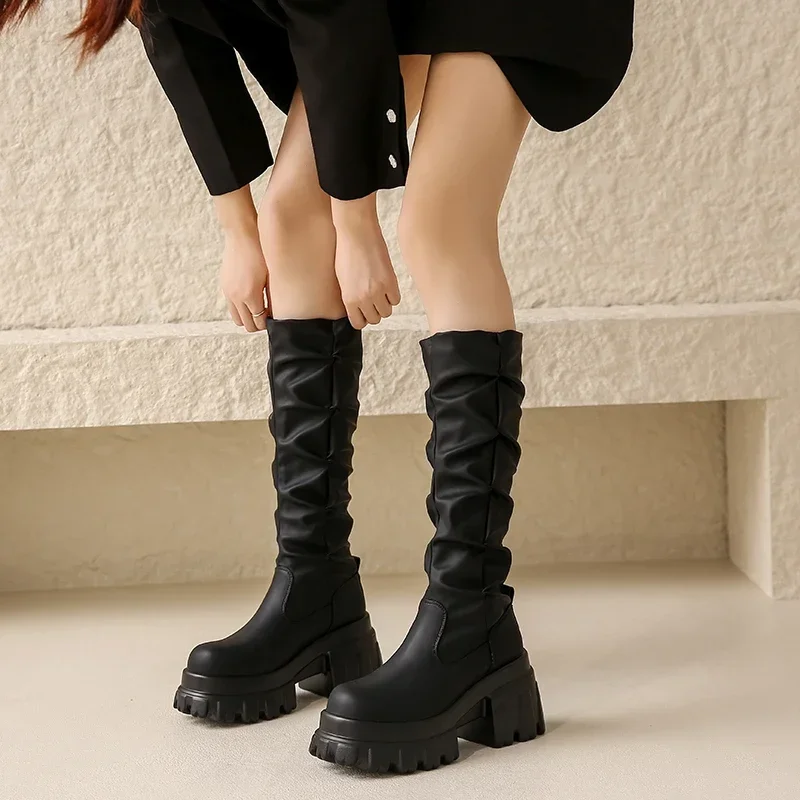 Women Motorcycle Long Boots Autumn Winter Warm Knee High Boots Leather Booties Ladies Thick Sole Platform Botas Mujer High Heels