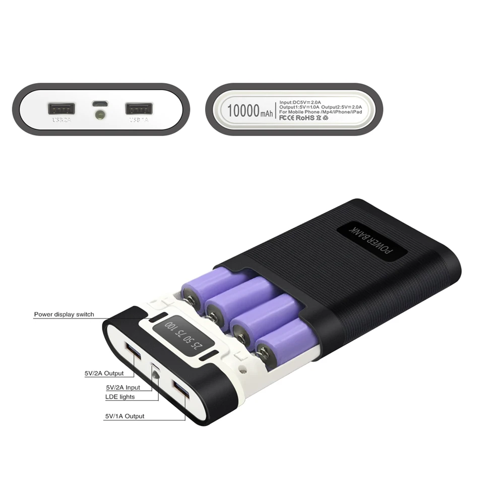 18650 Battery Holder Power Bank Case Digital Display 5V/2A Dual USB Output Reverse Battery Protection Detachable 18650 Holder