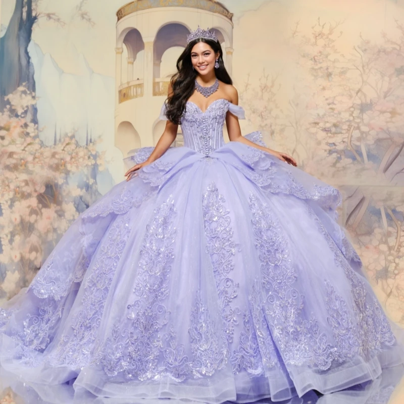 

Lavender Shiny Quinceanera Dresses Off The Shoulder Applique Lace Beading Tull Party Birthday Sweet 16 Dress Vestidos 15 De Anos