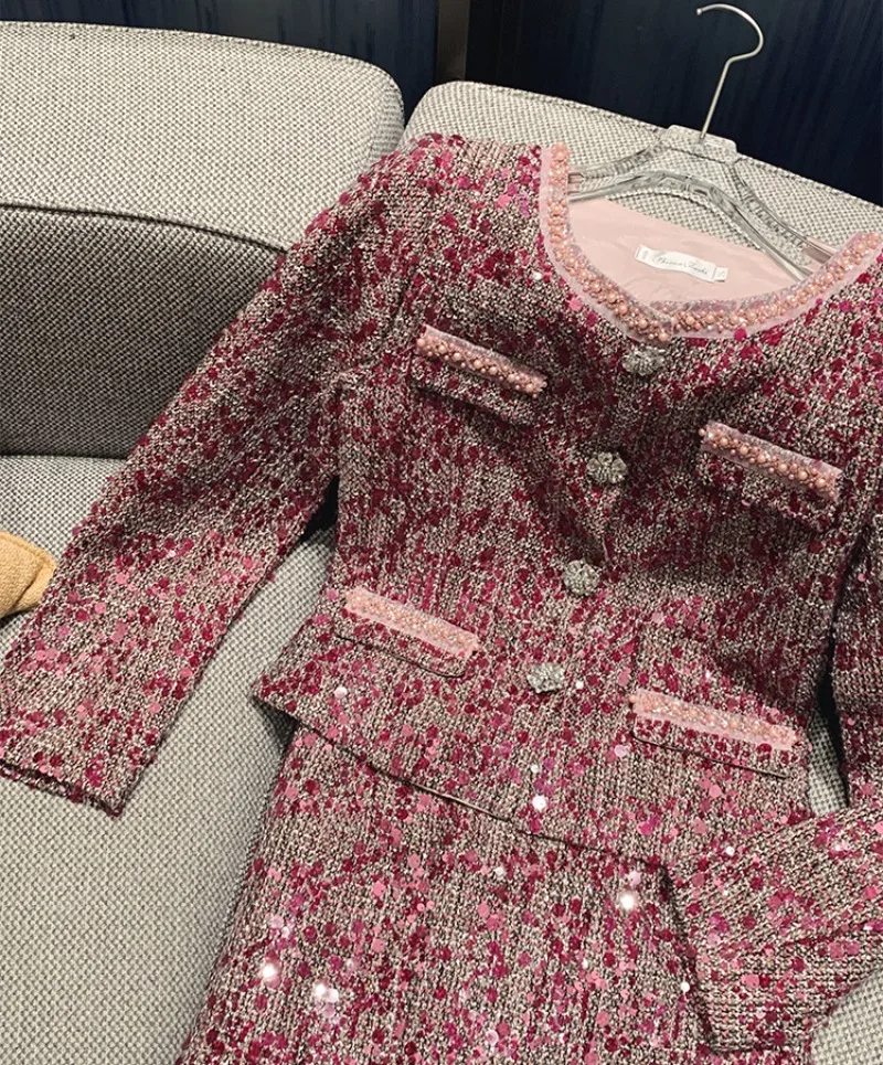 Streetwear Elegant Red Tweed 2 ชิ้นชุดผู้หญิงรันเวย์ออกแบบเสื้อแขนยาวและกระโปรง Lady Holiday Party Chic กระโปรงชุด