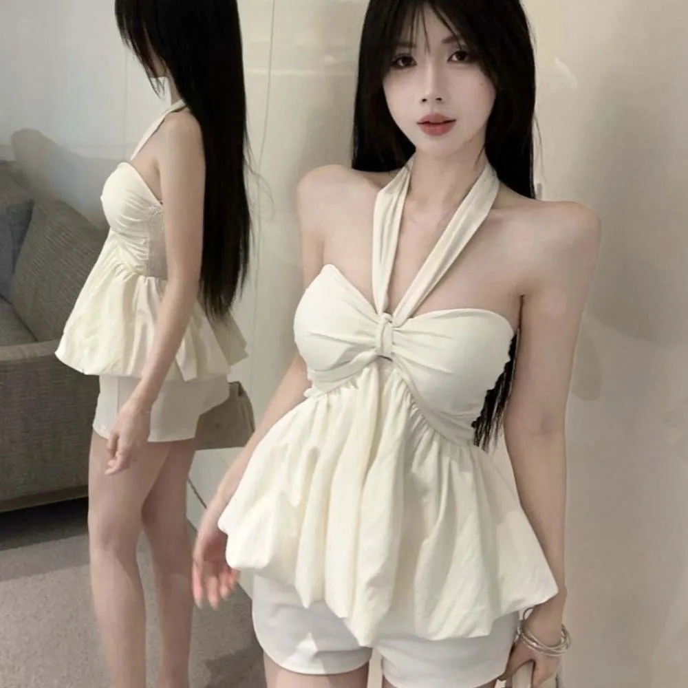 

Simple Sleeveless Lace-up Camisole Halter Bowknot Tank Halter Bow Vest Tops Spice Girls Vest Solid Color Women's Crop Top Girls