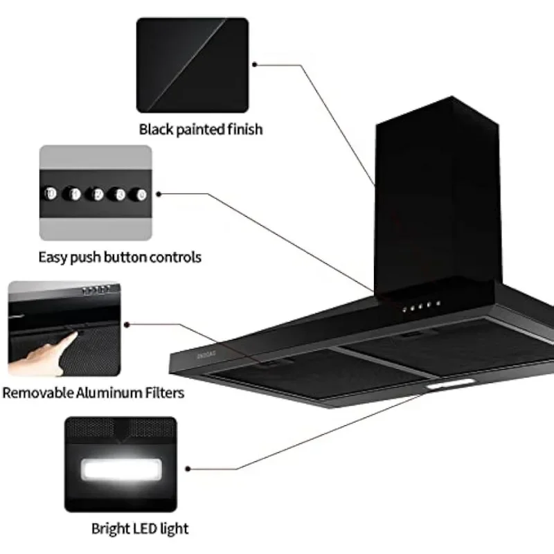 HAOYUNMA-Aço Inoxidável Cozinha Vent Hood,Wall Mount, Ductless Convertible ou Ductless, Preto