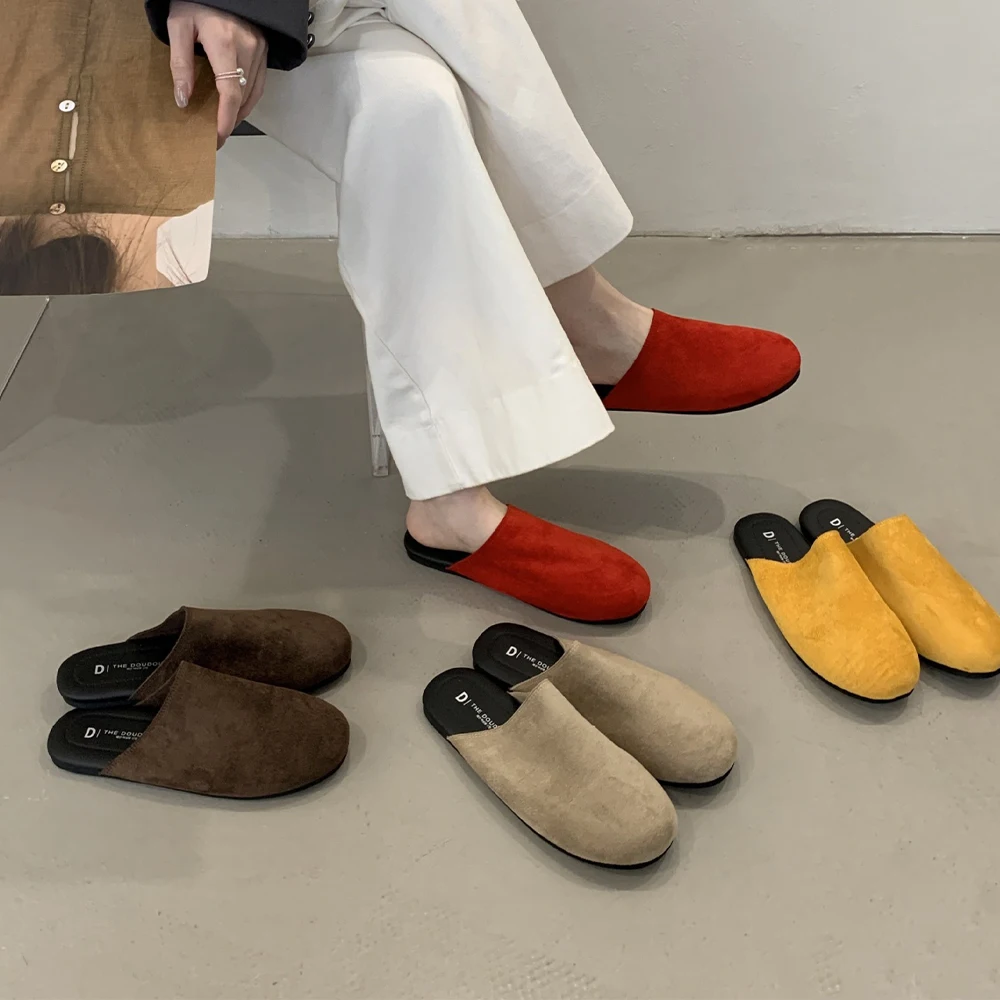

Womens Mules Flats Shoes Casual Round Closed Toe Suede Backless Loafers Comfortable Dressy Slip-on Slides Footwear Slippers