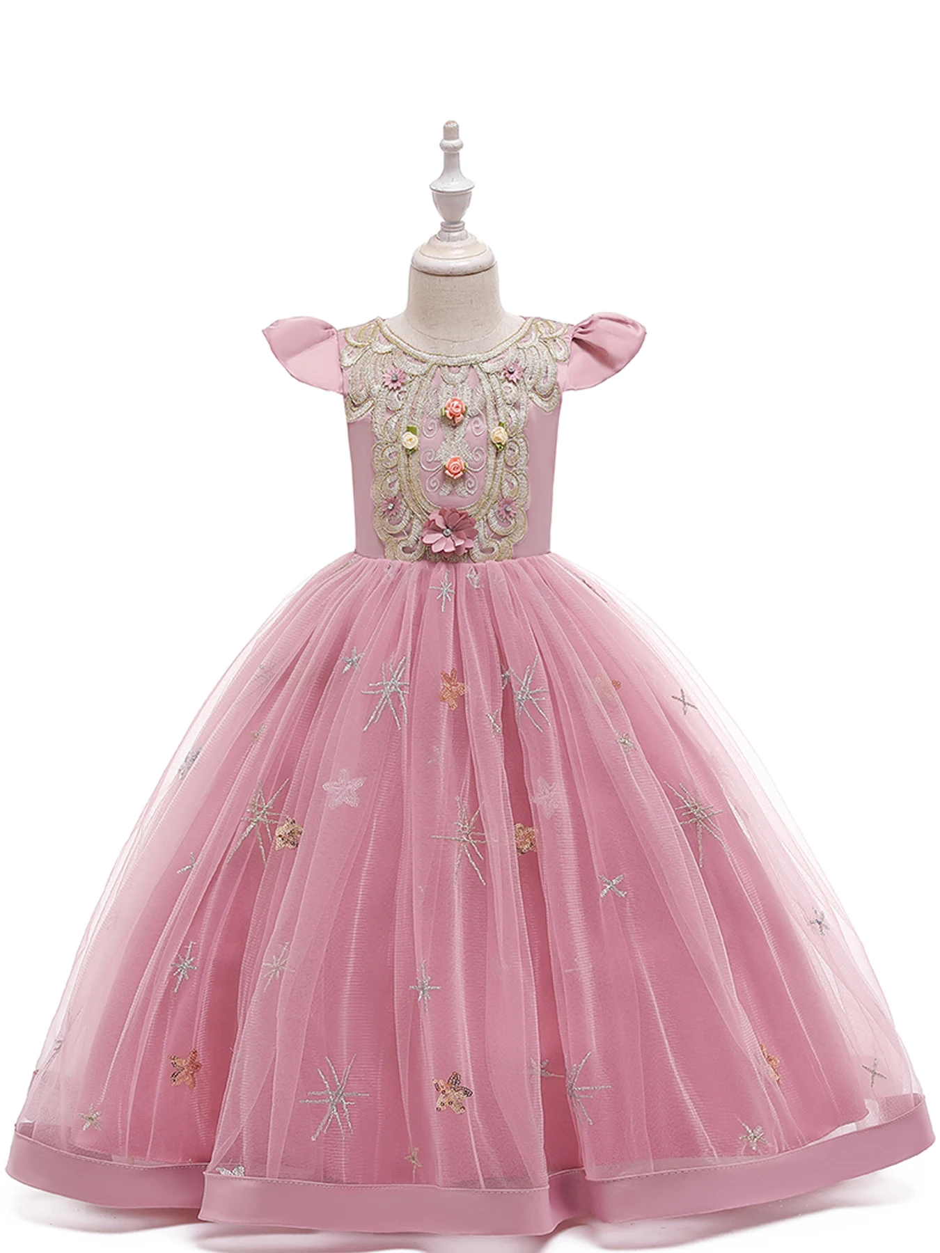 

5708 Bean pink Girl formal dress big girl long flower princess dress children holiday party performance dress