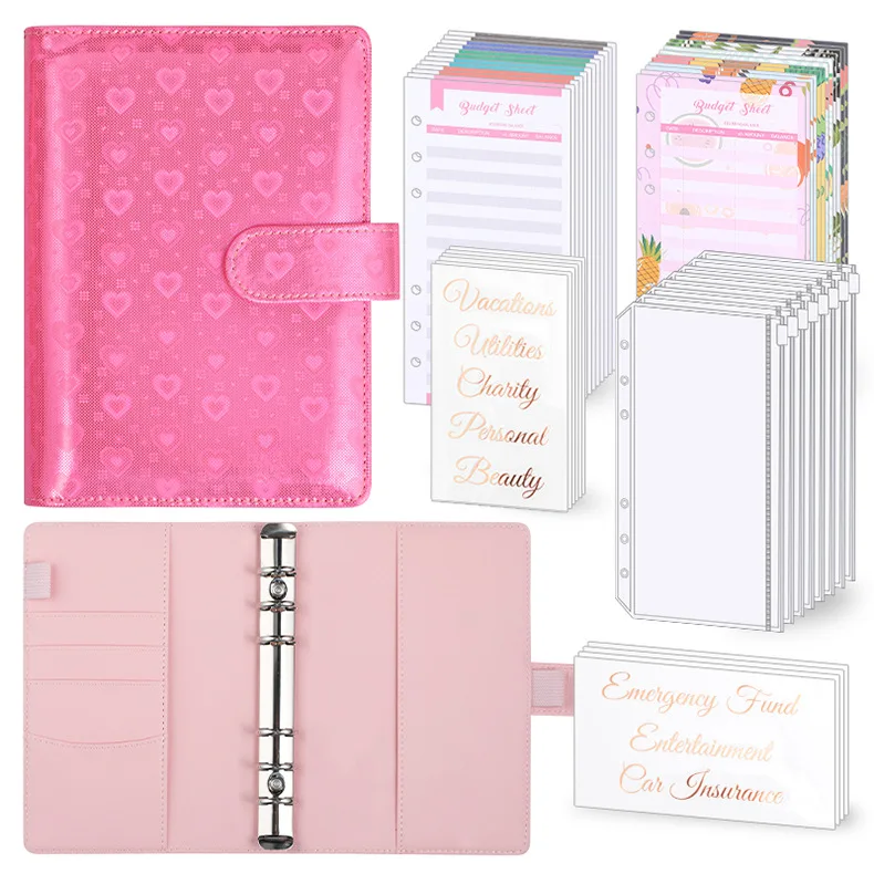 Heart Pink Blue Budget Planner Binder With 8Pcs Zipper Envelopes Cash Envelopes For Budgeting Money Organizer Binder