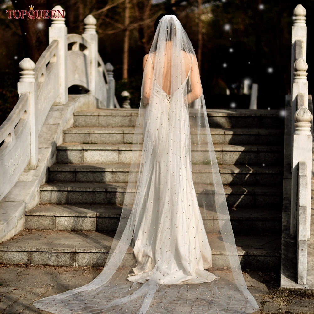 

TOPQUEEN V11 Real Photos 3M Cathedral Wedding Veil Soft Swiss Voile With Champagne Pearls 1 Tier Beautiful Long Bridal Veil
