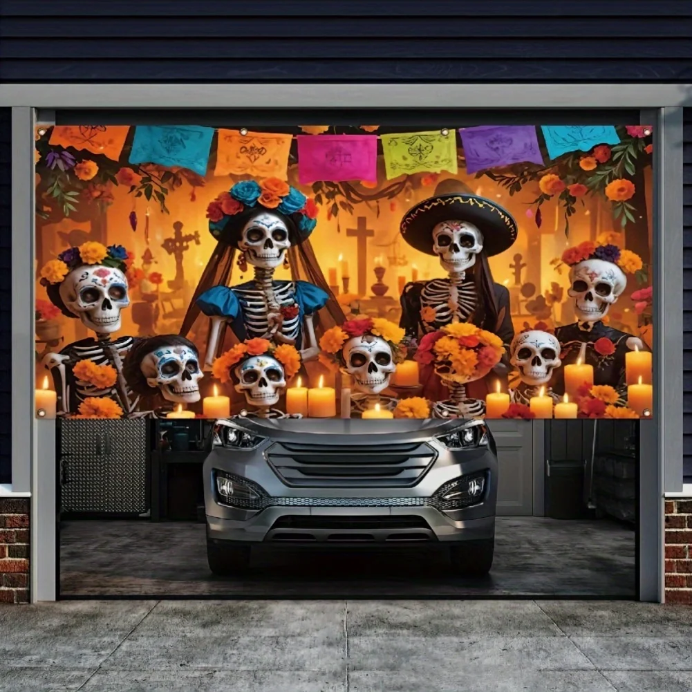 1 pieza, pancarta de poliéster para garaje del Día de los Muertos, colores mezclados, decoración para fiestas en el jardín al aire libre, bandera del festival de Halloween