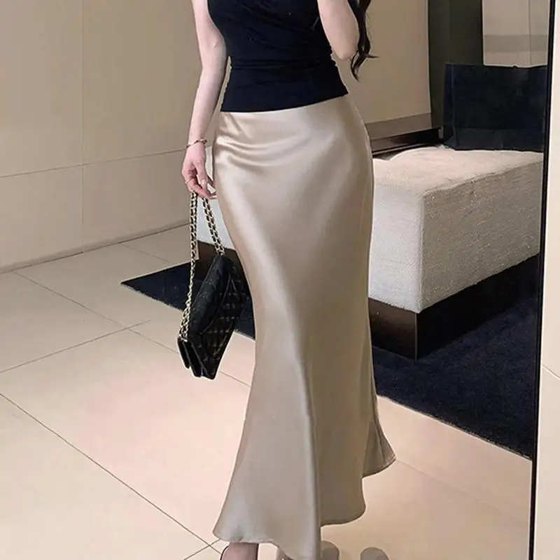 

Ele Satin f Body Skirt High Waist Slimming Midi Length Women's New Sle Wrap around Fi Tail Skirt Ci Walk Polyester