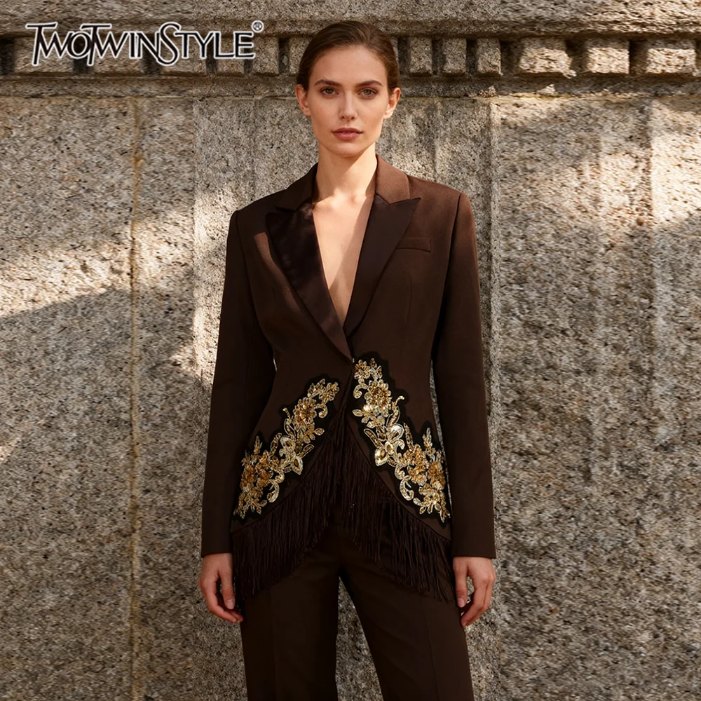 

TWOTWINSTYLE Slimming Spliced Embroidery Elegant Blazers for Women Lapel Long Sleeves Tunic Patchwork Tassels Blazer Female New