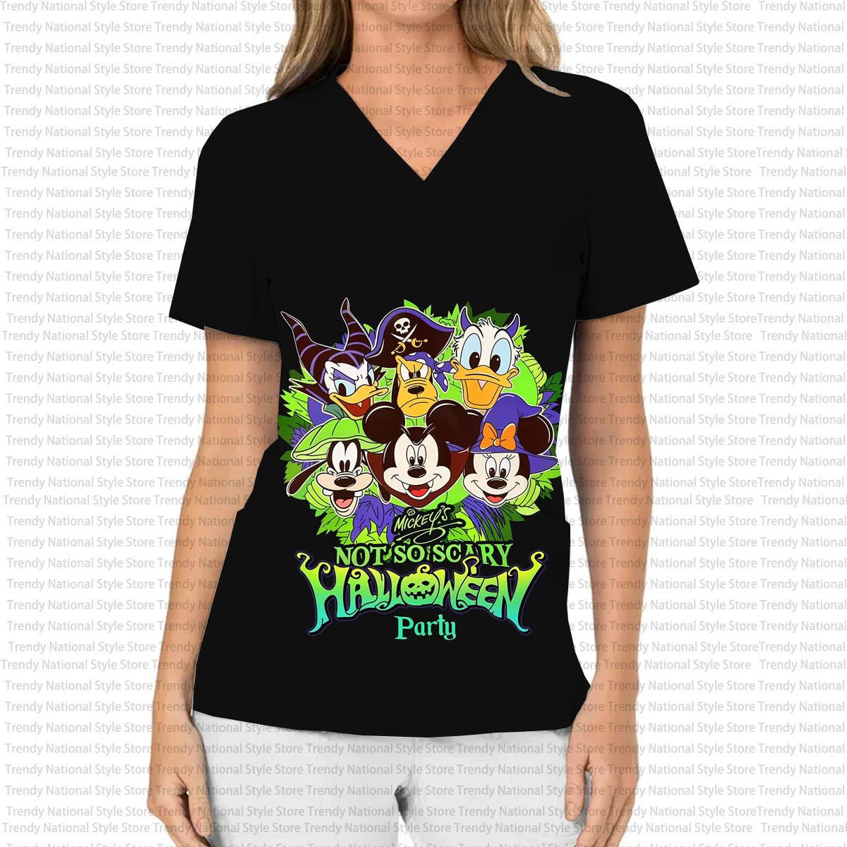 Estate Halloween Topolino e Minnie Stampa Tasca con scollo a V da donna Manica corta Top smerigliato T-shirt uniforme per negozio di animali dentali ospedaliero