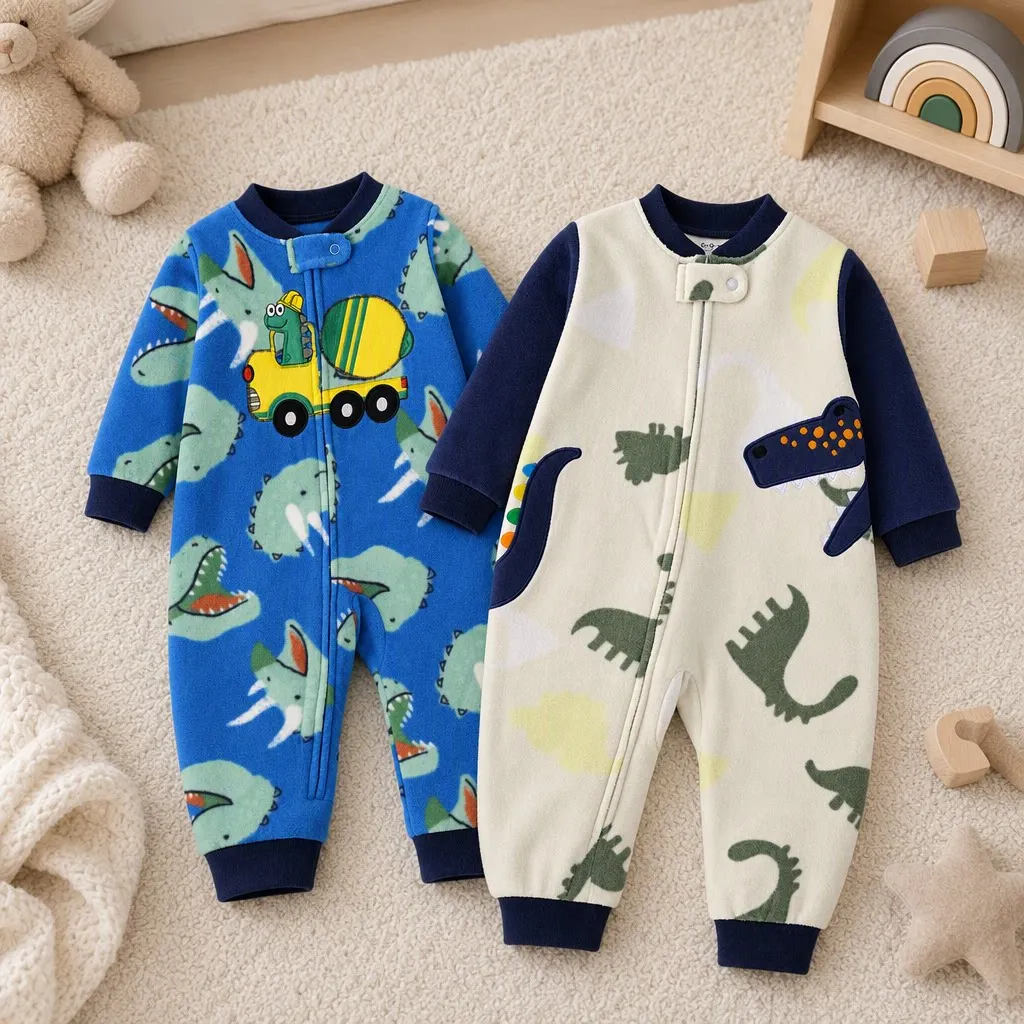 Infant Boys Polar Fleece Zip Romper Dinosaur Embroidery Print Contrast Sleeve Warm Baby Onesie for Autumn Winter