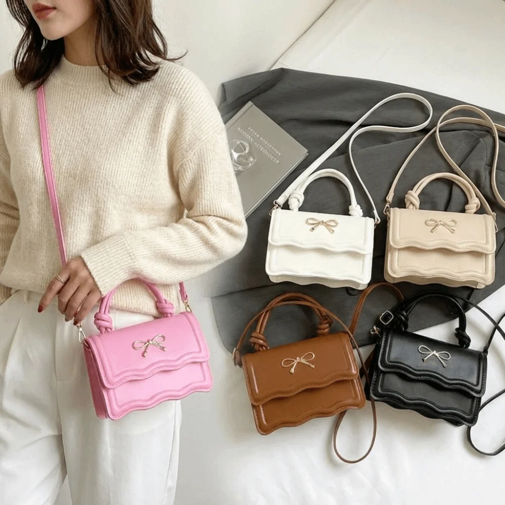 

New Solid Color Metal Bowknot Tote Bag Sweet Simple Design Single Shoulder Bags Versatile Vintage Small Crossbody Bag Summer