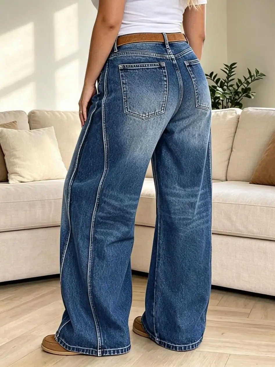 【HME】Jeans | Sturdy Draped Denim Pants For Women, High-Rise Wide Leg Denim Jeans With Natural Gradient Wash, Structured Non-Collapse Silhouette, Comfortable Relaxed Fit, Versatile Casual Pants For Work And Leisure