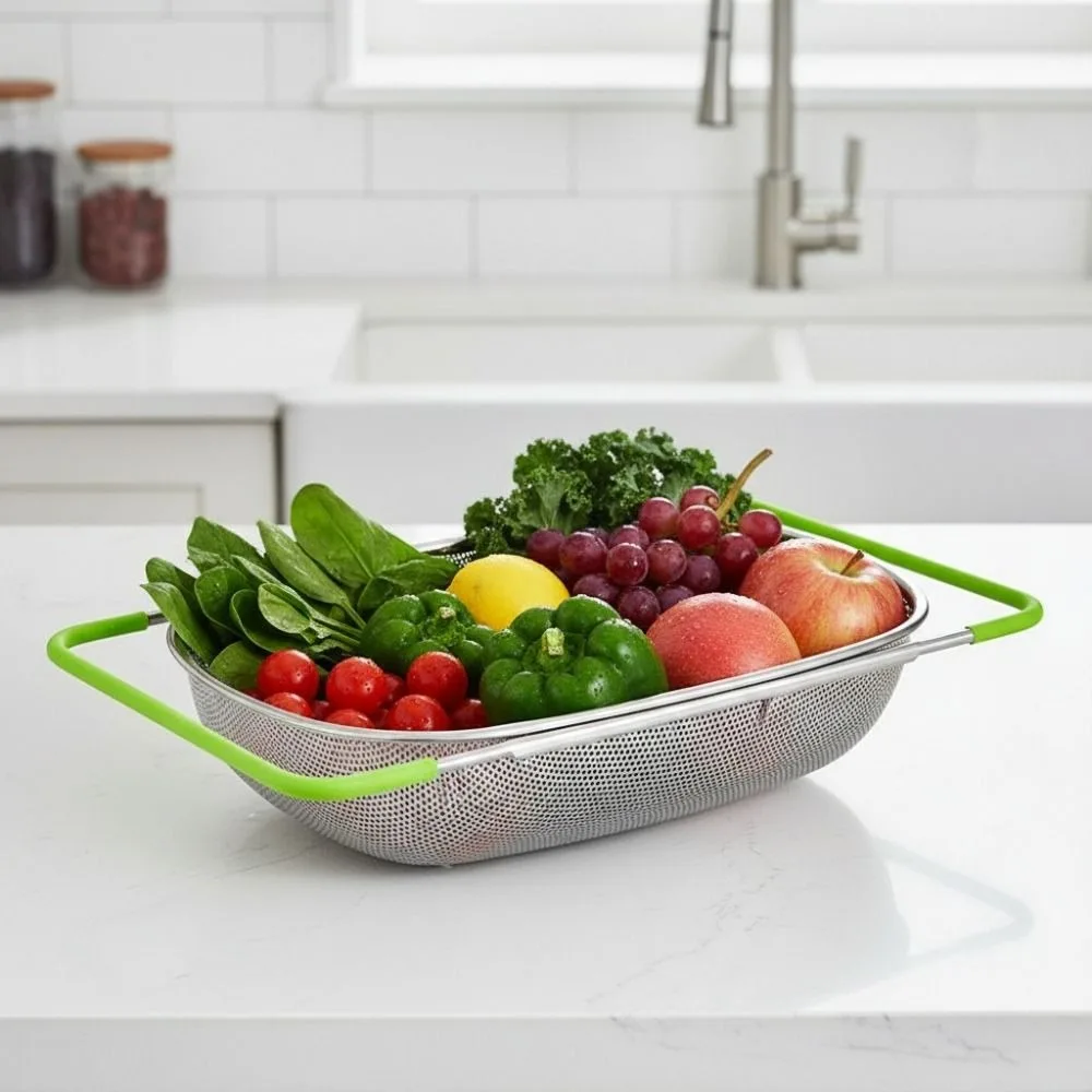 Scalable Sink Drain Basket Non-slip Handle Fine Mesh Strainer Basket Stainless Steel Rust-proof Vegetable Washing Basin