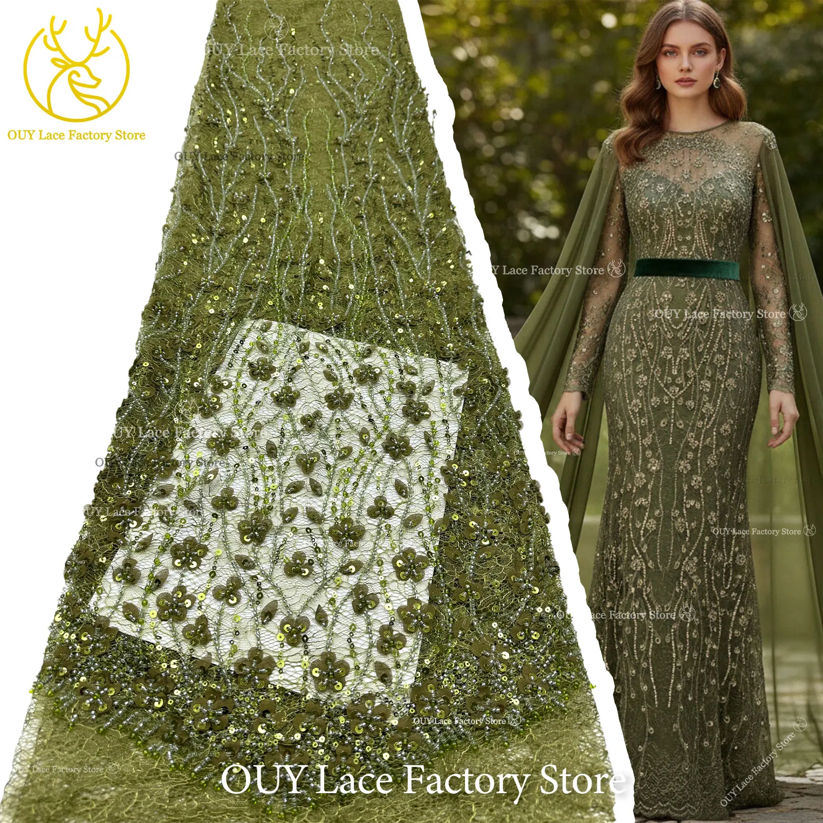 

Olive Green African Groom Beaded Lace Fabric 2026 High Quality Nigerian Sequins Embroidery Lace For Bridal Party Dress Sewing