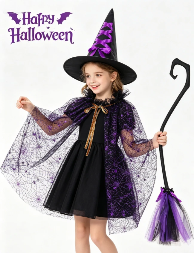 Cape Hat Broom Fashion Magic 3Pcs Set Kids Halloween Masquerade Dress Up Creative Style Adjustable Holiday Accessory Photo Decor