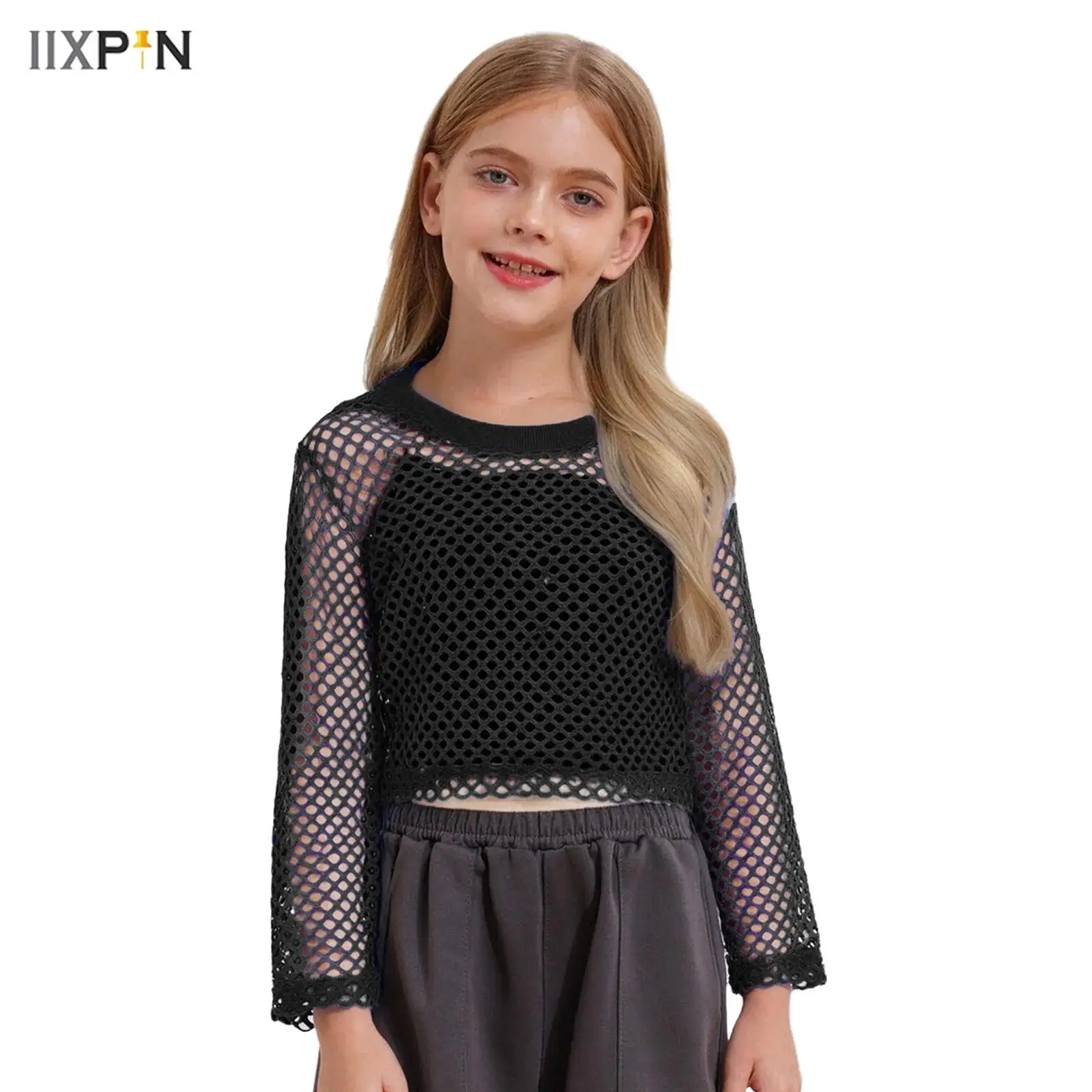 

Kids Girls Shirt Hip-Hop Jazz Street Dance Top Hollow Out See-Through Fishnet T-Shirt Ribbed Round Neck Long Sleeve Crop Top