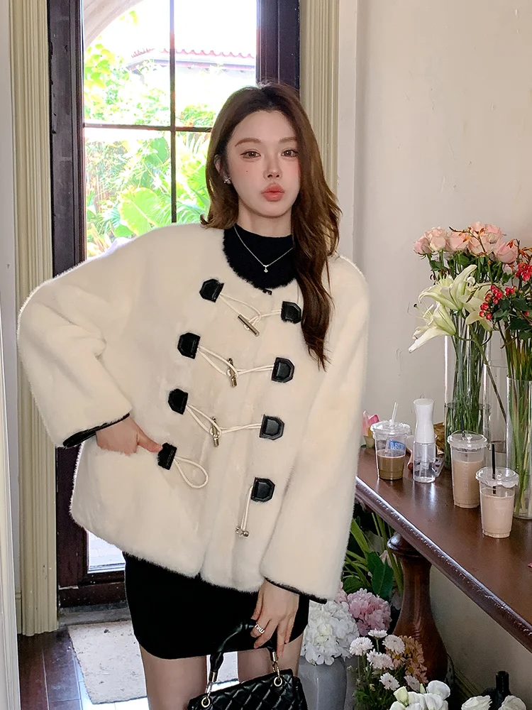 

Экологичная женская шуба свободного кроя из роскошного кроличьего меха, осенне-зимняя новинка, комбинированная из кожи и меха