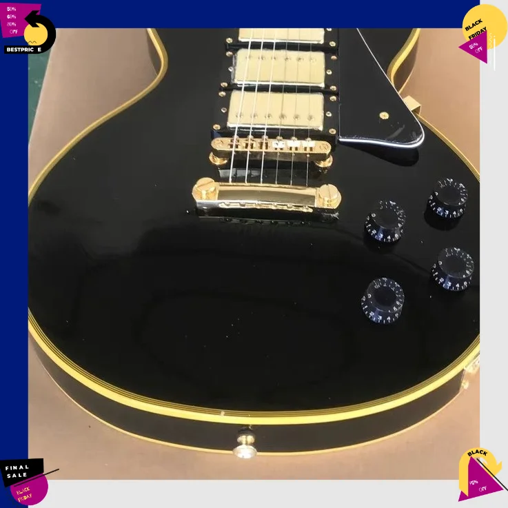 Black Body with Gold Binding Electric Guitar  HHH Pickup Mahogany Body Classic Single Cutaway Block Fingerboard Inlays