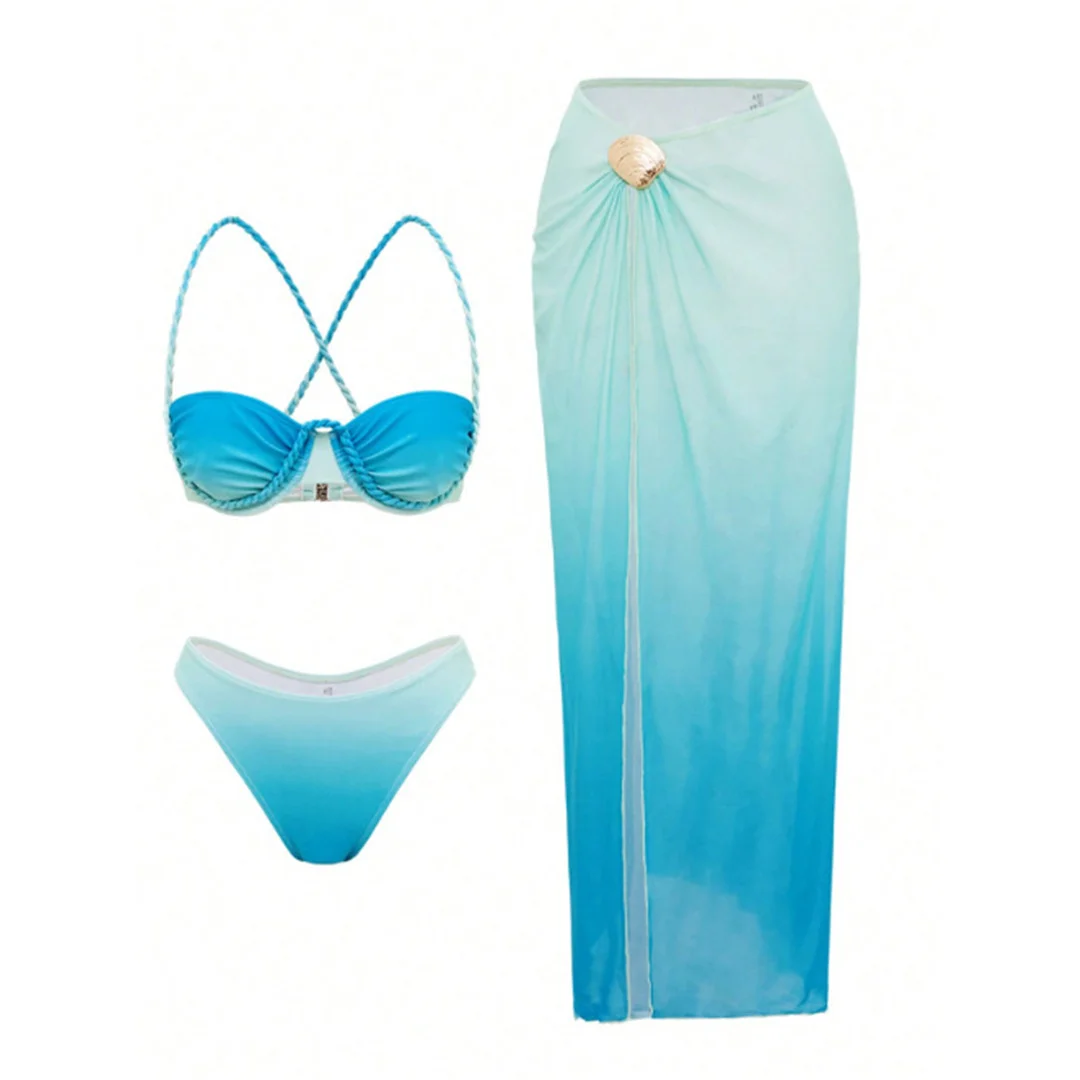 S - XL 3-teiliges Set mit Rock, Bügel-Bikini, Damen-Badebekleidung, Badeanzug, dreiteiliges Bikini-Set, Badeanzug, Schwimmbekleidung V7704 – Detail 6