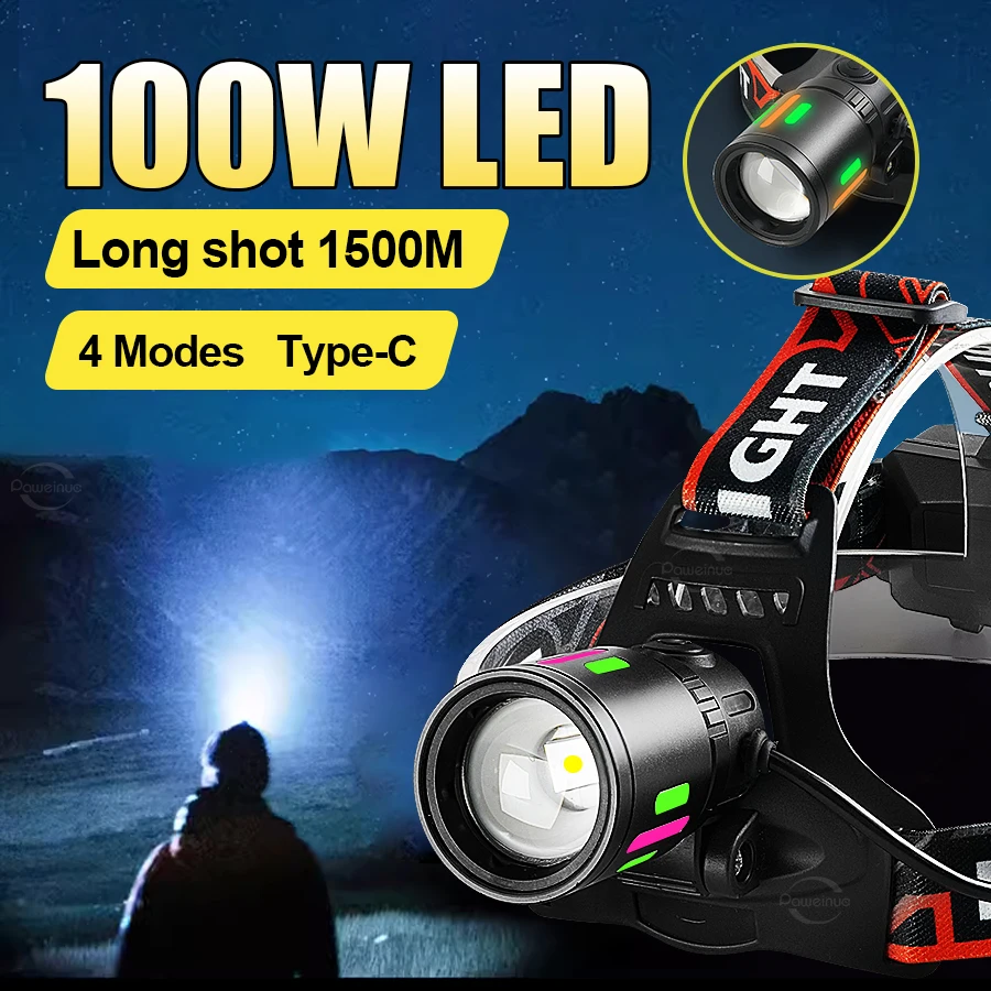 100W Rechargeable Powerful LED Headlamp Telescopic Headlight Long Shot 1500M Head Torch Outdoor IPX6 Waterproof Work Head Lamp