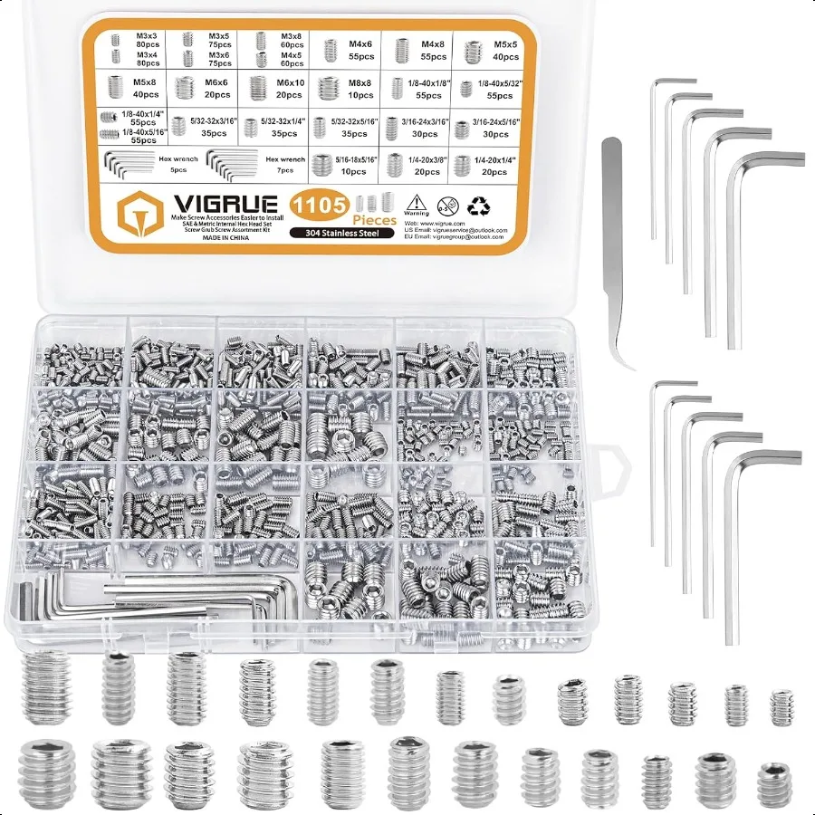 

1105PCS 25 Sizes Metric SAE Set Screw Assortment Kit Internal Hex Drive Allen Grub Screws Set CupPoint 304 Stainl Steel M3 to M