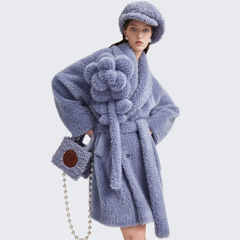 

winter new woolen coat 2023 women's fashion 3D decoration mid-length loose lapel double breasted thick long sleeve plush jacket