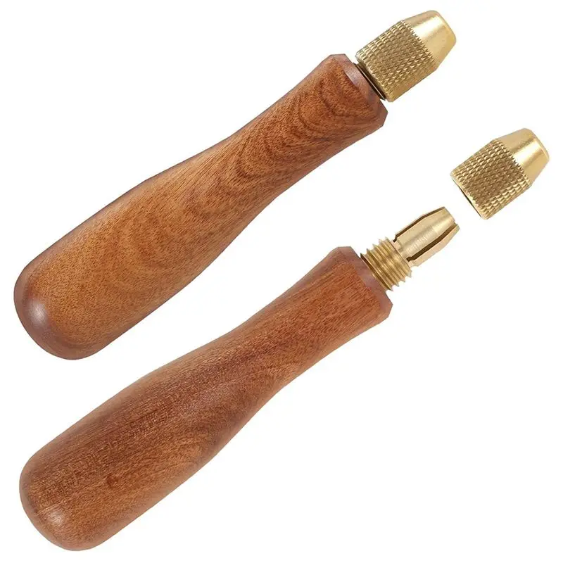IALJ-2Pcs Wood File Handle Hand Drill File Handle With Brass Collet Chuck Wooden Handle For Hand Drill File Handle