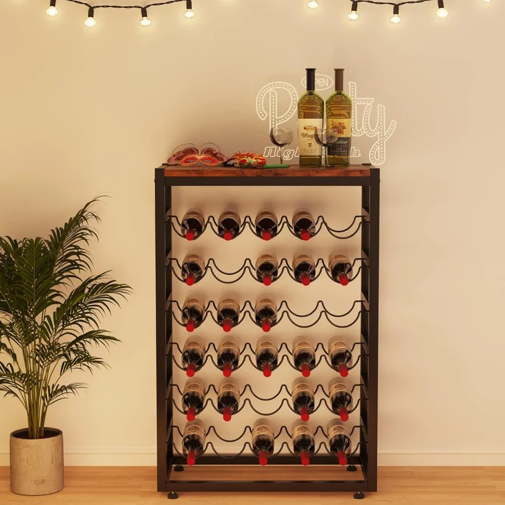 6-Tier Wine Rack with Wooden Table Top, Holds 30 Bottles, Freestanding Floor Storage for Kitchen Bar Pantry