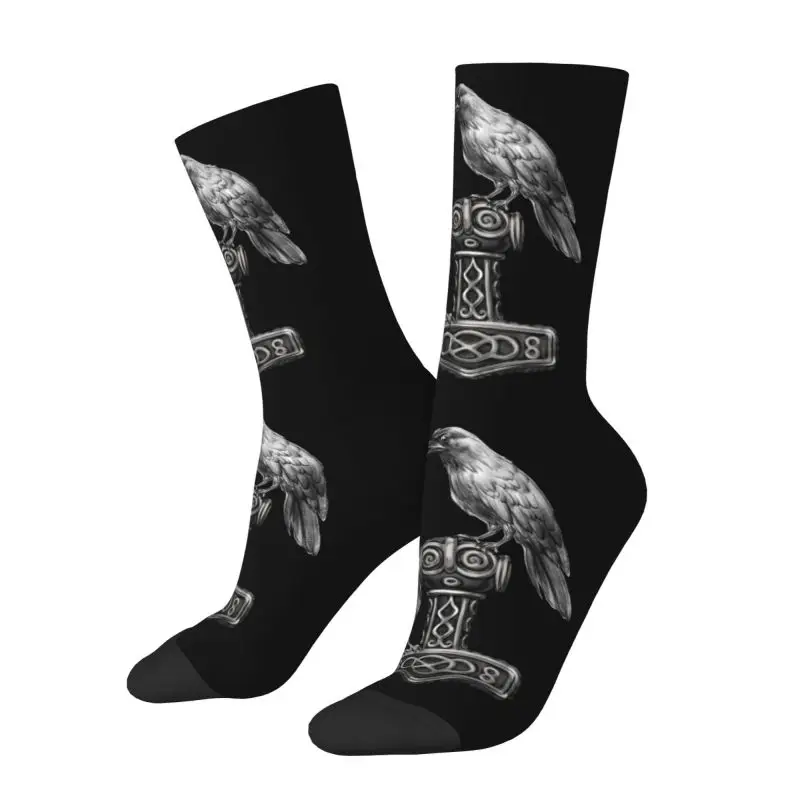 Thor Hammer Mjolnir With Odin Ravens Dress Socks Men's Women's Warm Fashion Norse Viking God Crew Socks