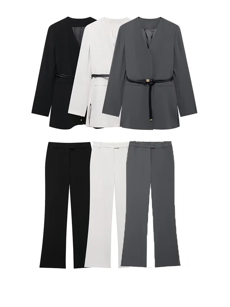 Willshela Women Fashion Solid 2-częściowy zestaw V-Neck Blazer & Vintage Front Zipper Full Length Trousers Kobiece eleganckie spodnie damskie