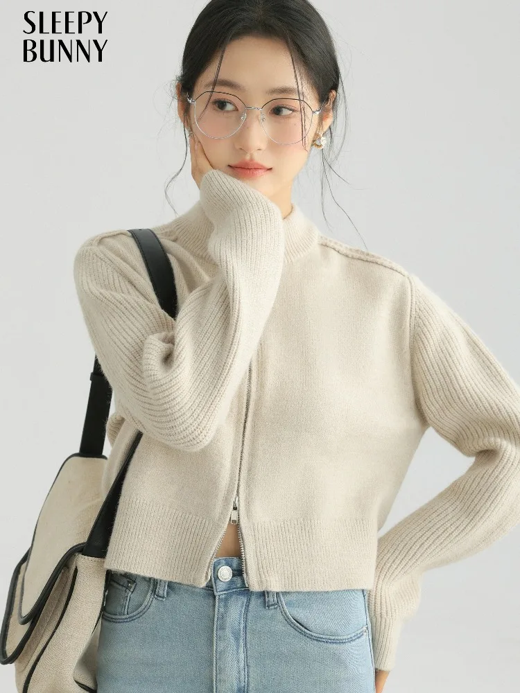 

Double Zipper Stand Collar Cardigan Women Cropped Knit Sweater Slim Fit Autumn Outerwear Fashionable Zip-Up Jacket for Layering