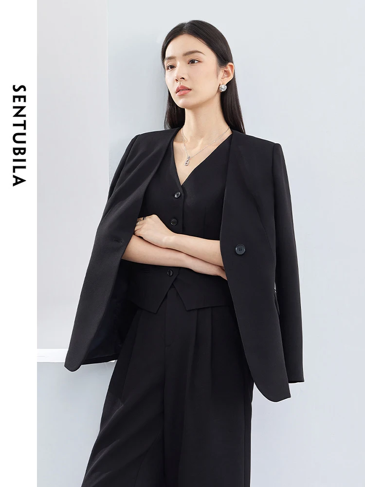 SENTUBILA 3 Piece Spring Blazer Suit Women Office Wear Outfits 2024 Fashion Black Waistcoat Blazer Wide Leg Pant Set 141Z53019