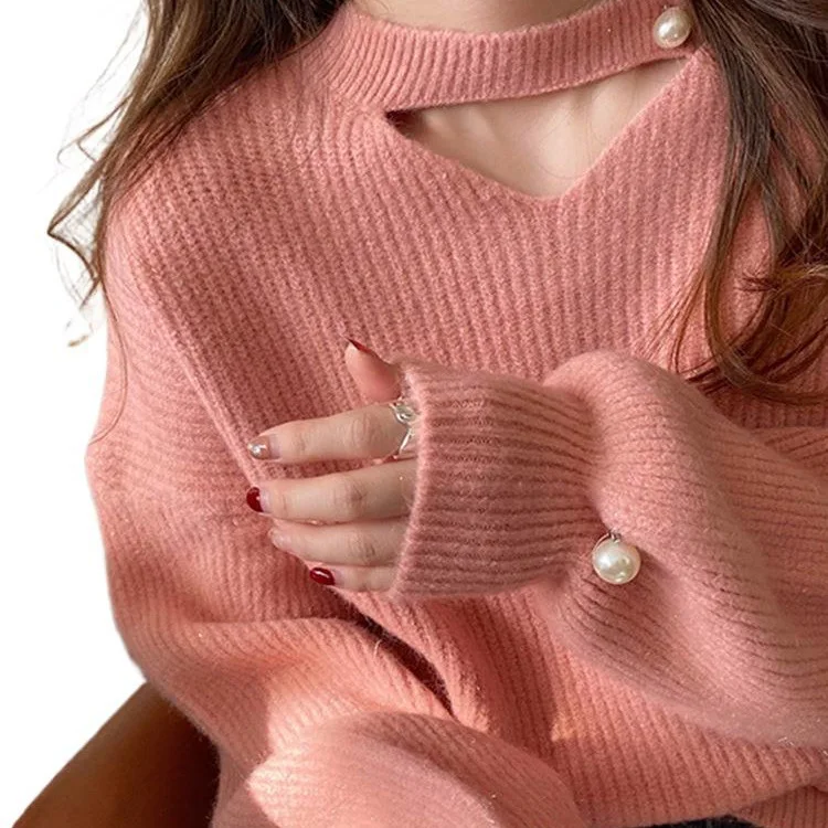 

Design Sense Niche Sweater Female 2024 Autumn and Winter New Loose Korean V-neck Pink Casual Personality Hollow Sweater Top