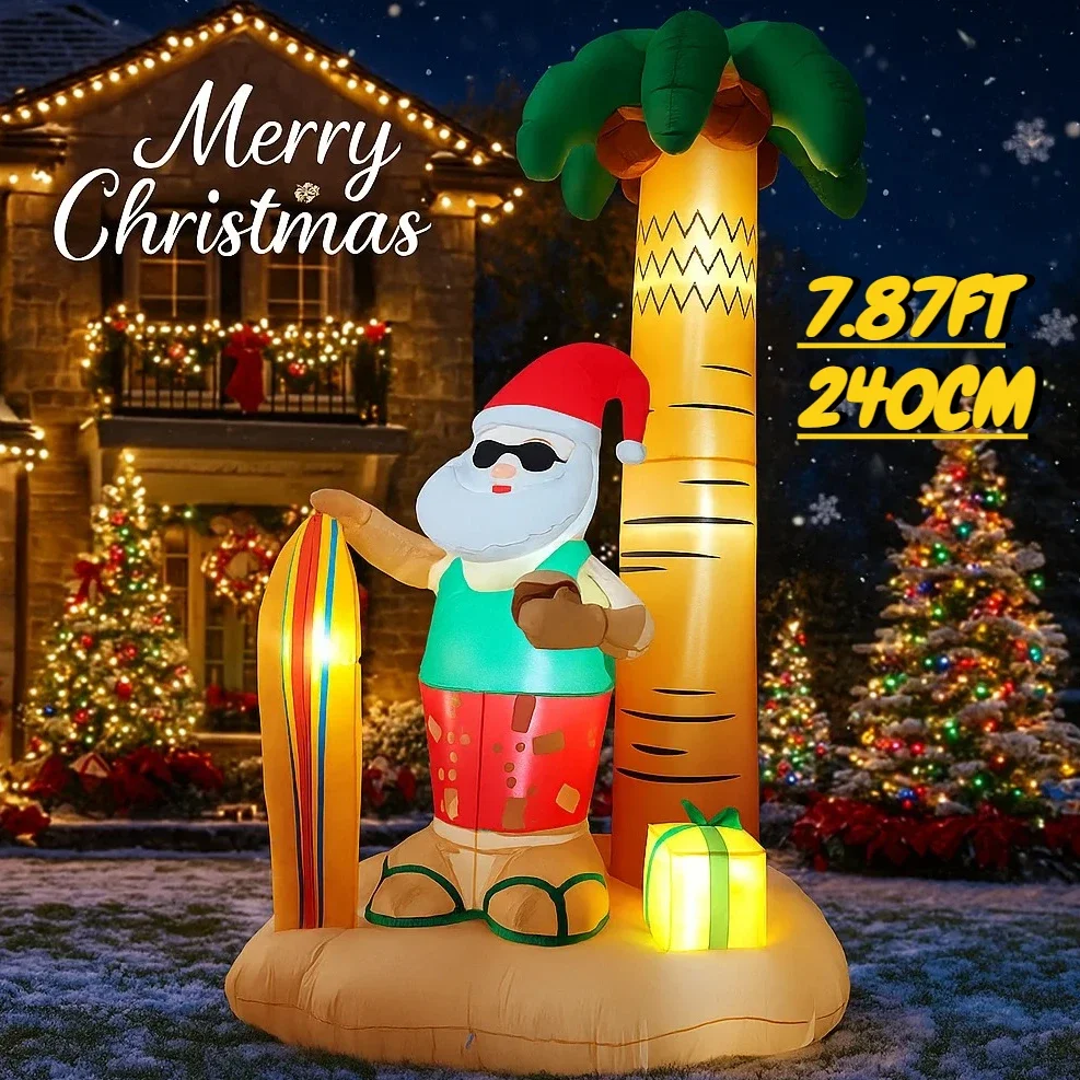 

7.87FT Inflatable Beach Santa Palm Tree Surfboard Toy LED Lit Festive Christmas Gifts Xmas Inflatable Yard Decorations Christmas