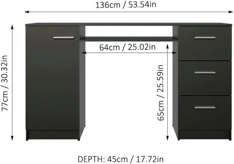 Madesa-Computer Desk with 3 Drawers, 1 Door and  Storage Shelf, Wood Writing, Home Office Workstation