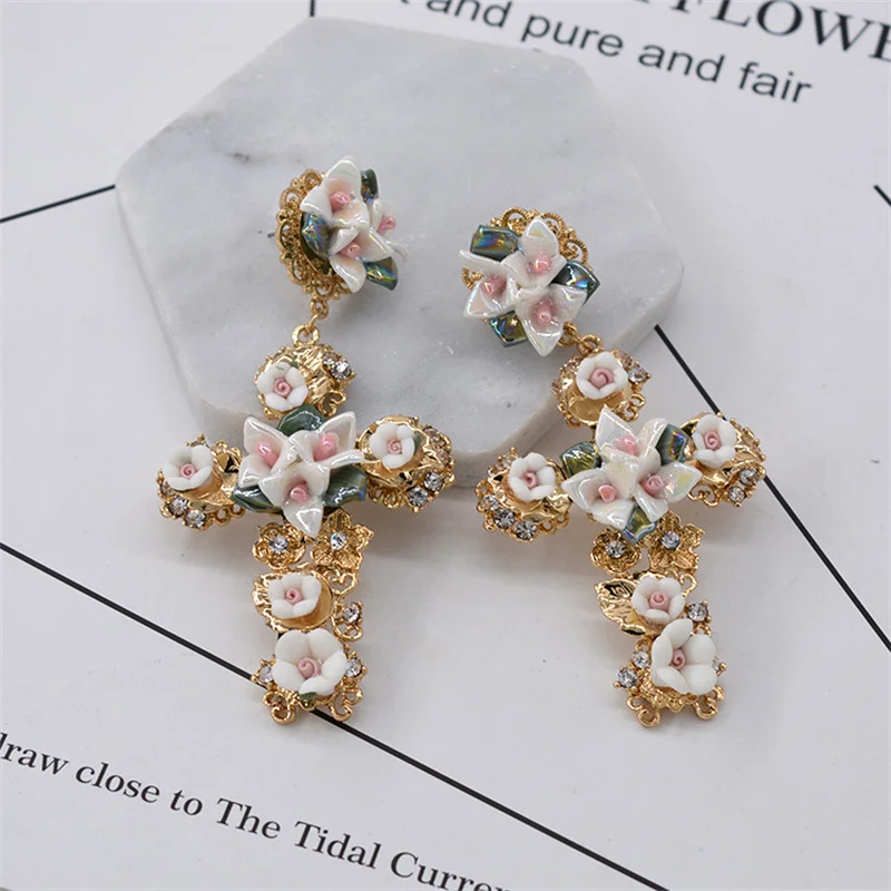 Magnetic Flower Baroque Vintage Palace Cross Alloy Earrings Earrings European and American Show Earrings Earrings