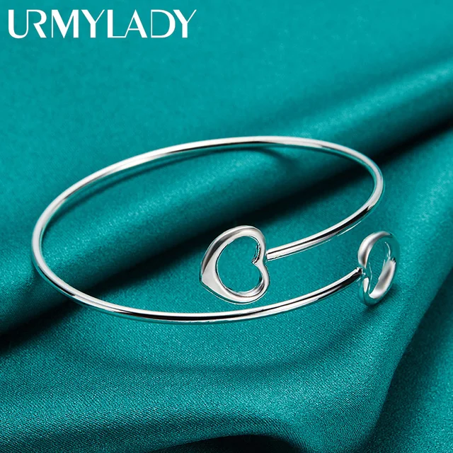 URMYLADY 925 Sterling Silver podwójne serce regulowane bransoletki dla kobiet ślub zaręczyny modna biżuteria z wiszącą ozdobą